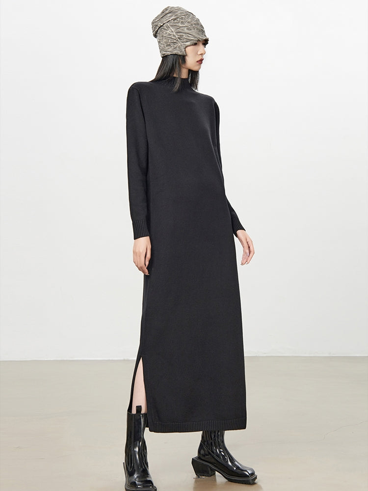 Simple High-Neck Plain Long Knit-One-Piece