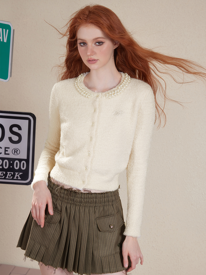 Peart Crew-Neck Short Feminine Fluffily Knit 카디건