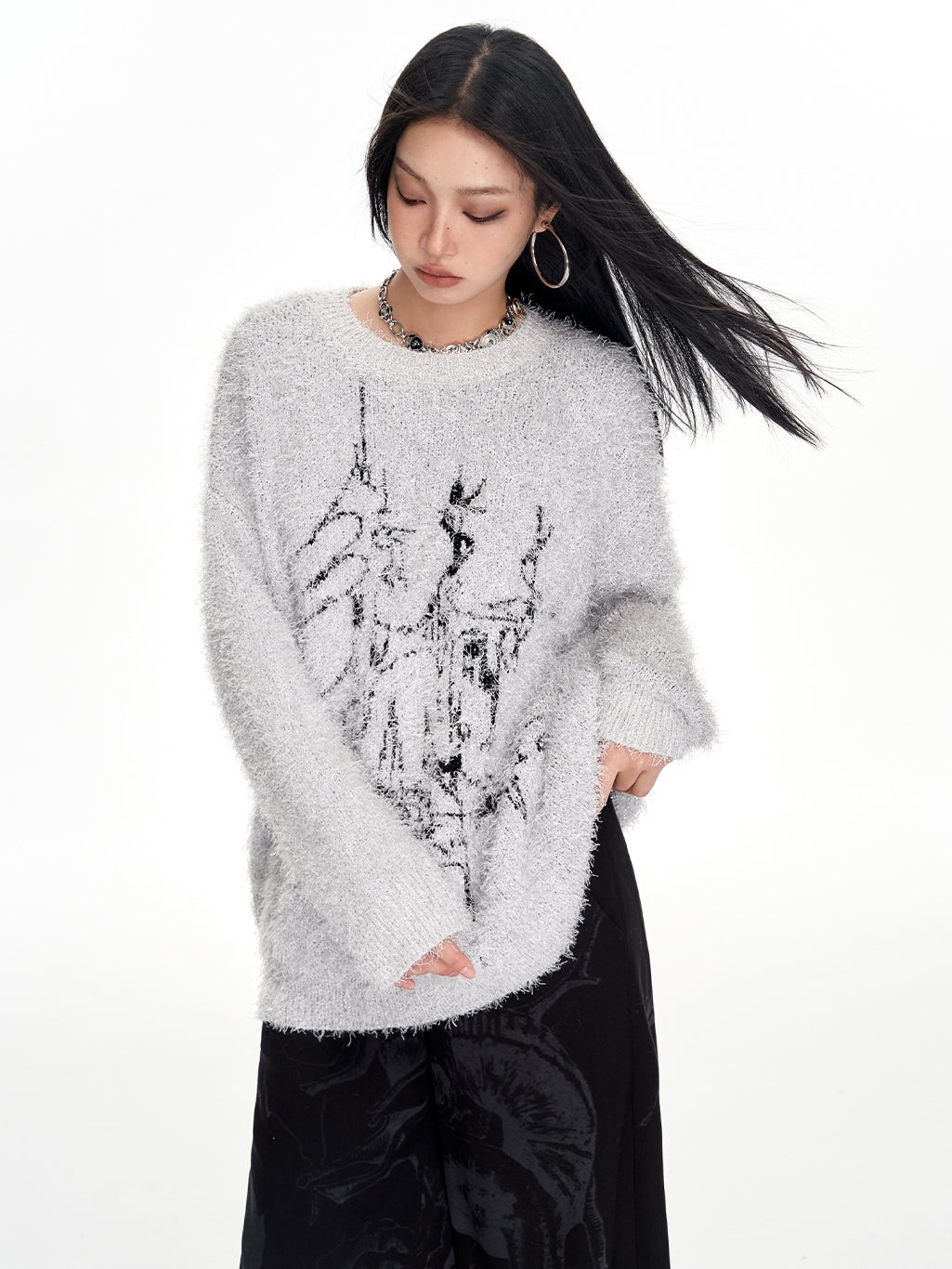 Moderne Crew-Hals lange, flauschig Mohair-Knit