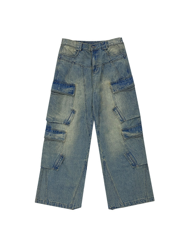 Verblasste Seitenpocket-Denimhose mit weitem Bein