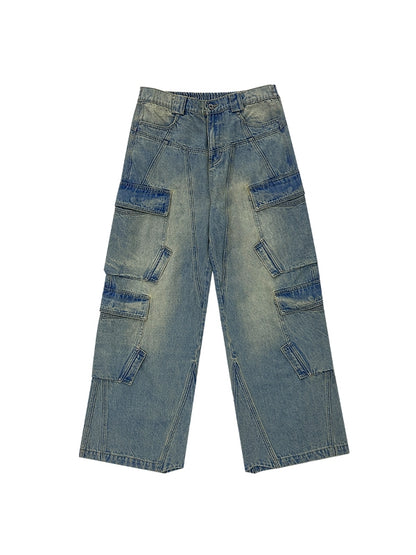 Faded Wide-Leg Side-Pocket Denim Pants