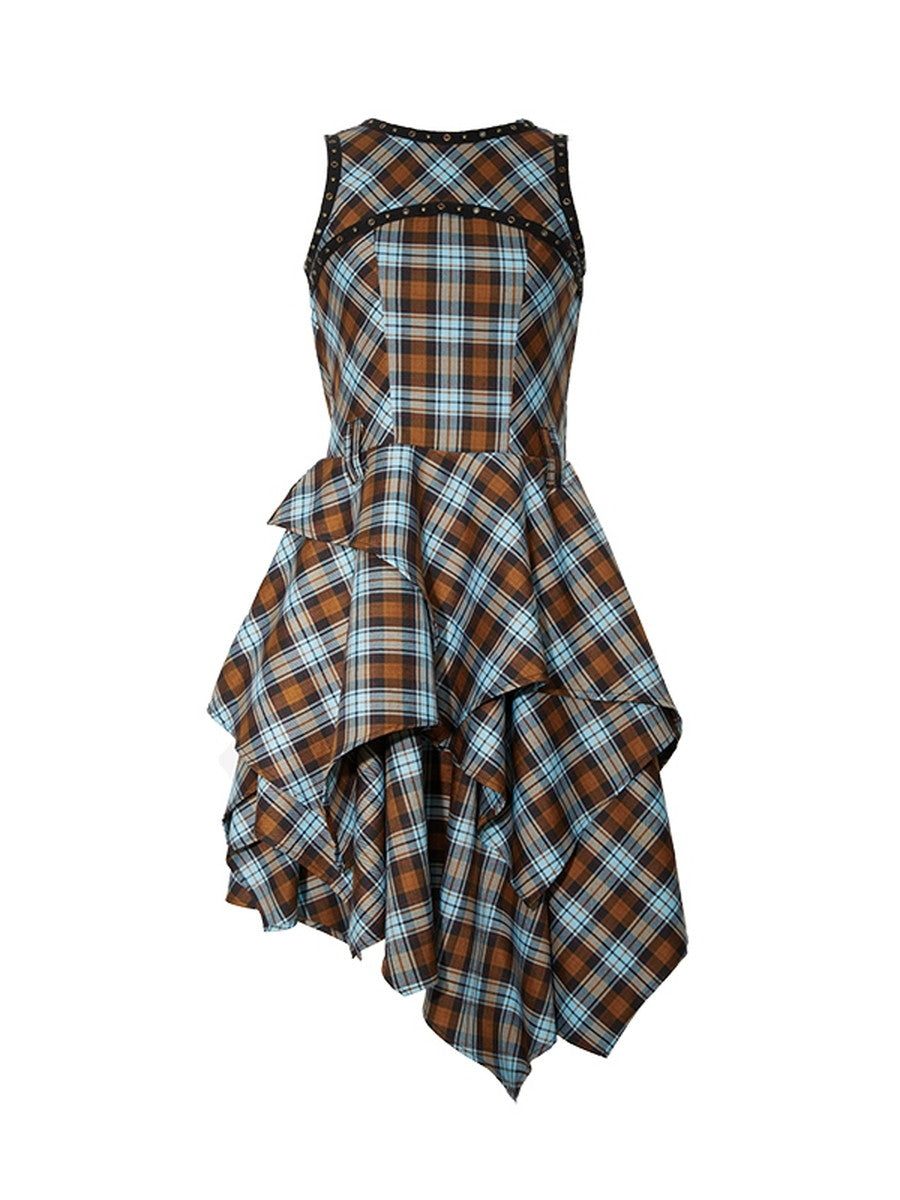 Checked Asymmetry Hem-Skirt Fluffiy One-Piece