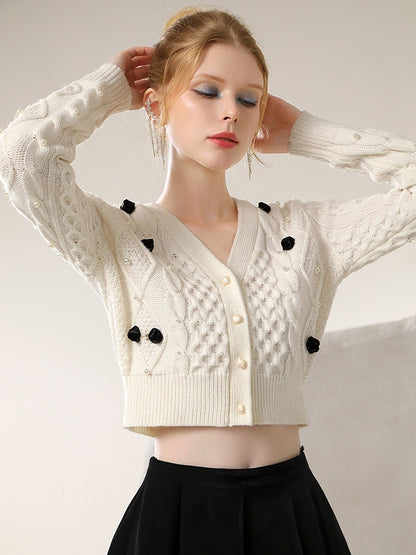 Rose Cable-Knit Retro V-Neck Cardigan