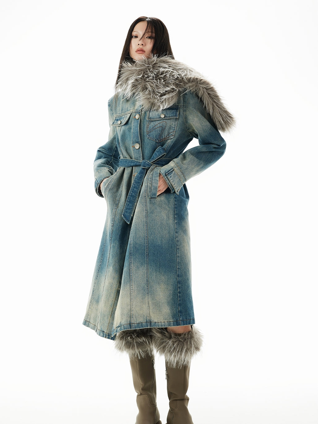 Nichi Fur-Collar Long Faded Casual Denim-Coat