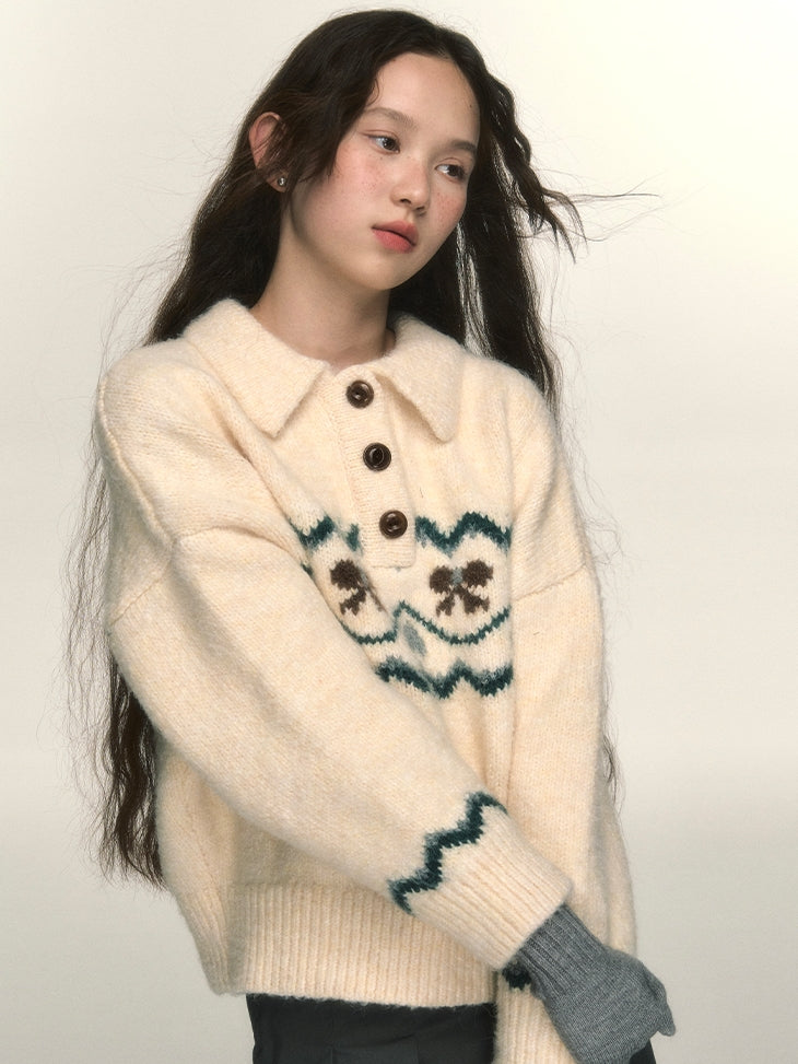 Polo-Neck Nordic Ribbon Knit Sweater