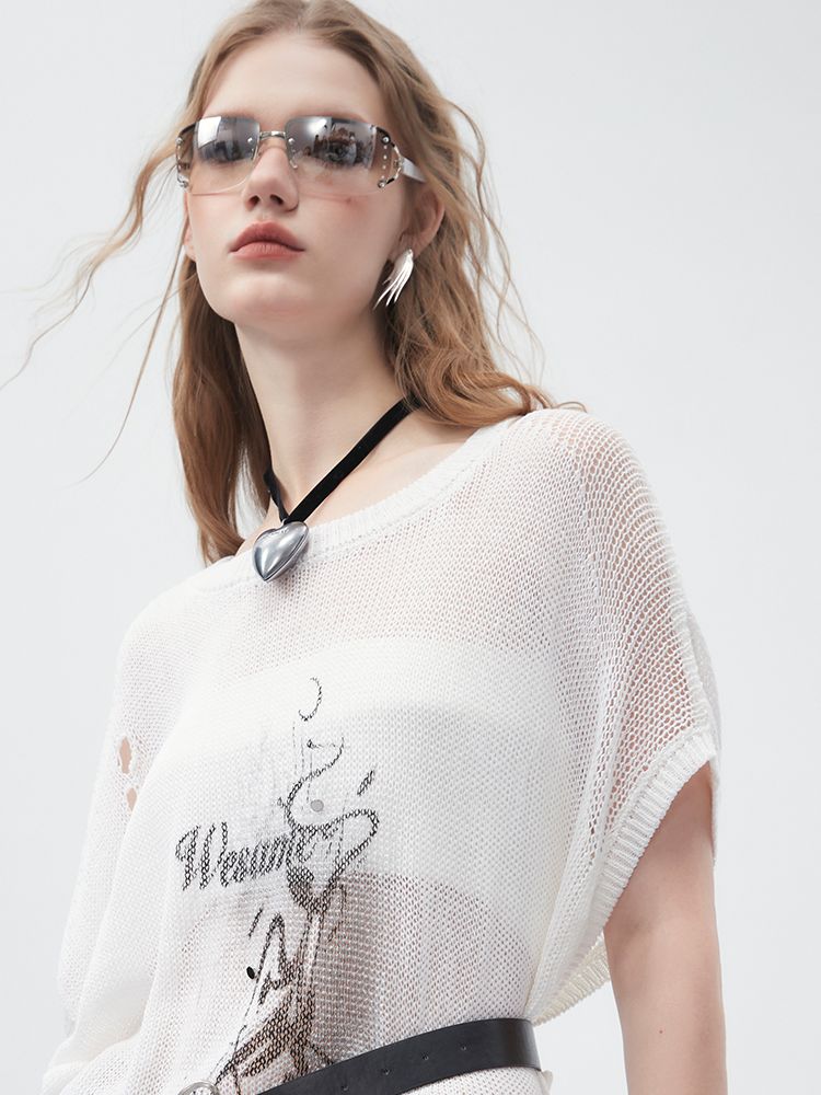 Sheer Asymmetry Mesh Damage Long-Tops