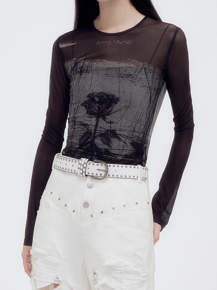 Sheer Mesh Silhouette Flower Cutsew