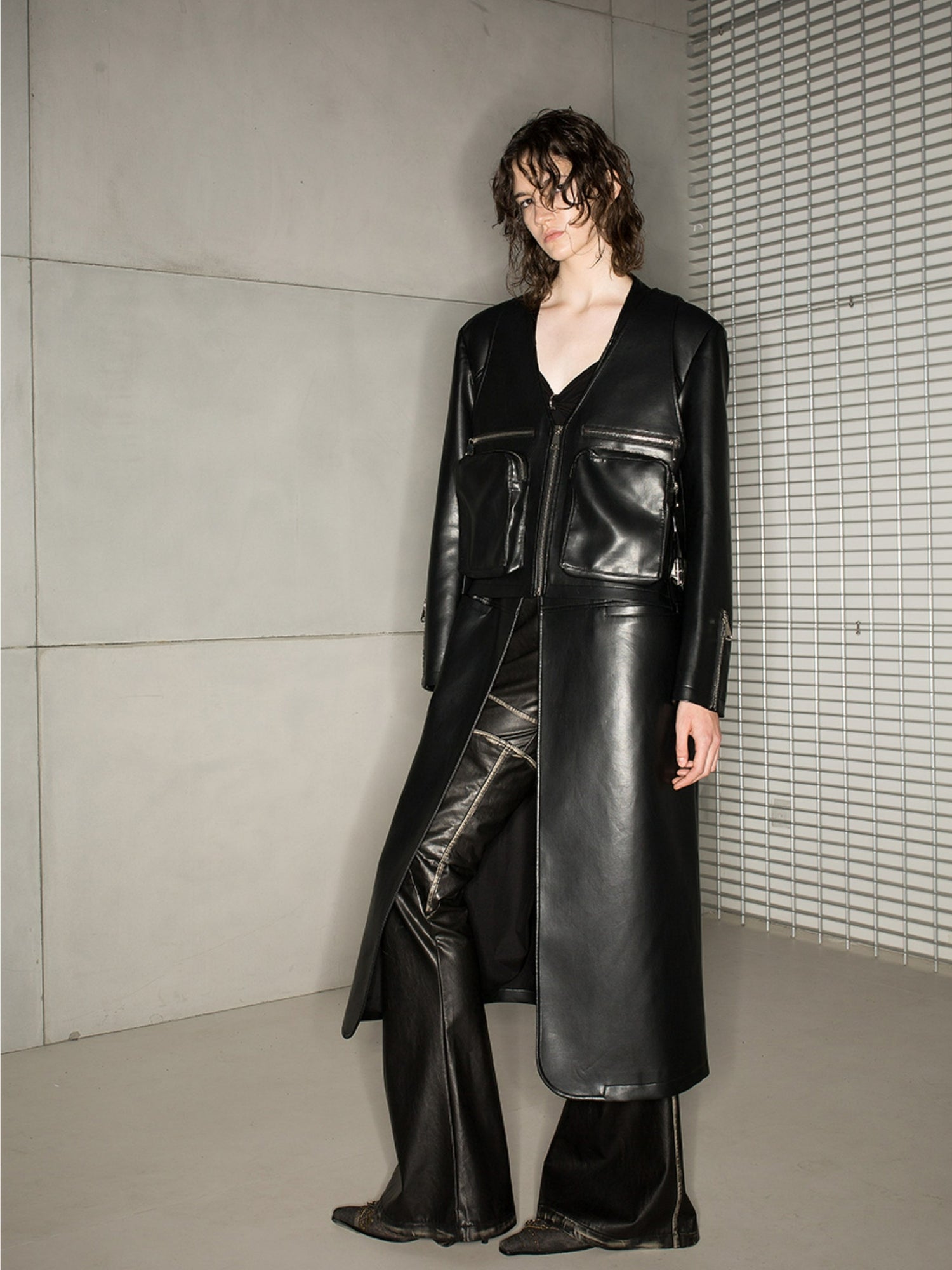 Leather Cool No-Collar Smooth Long-Coat