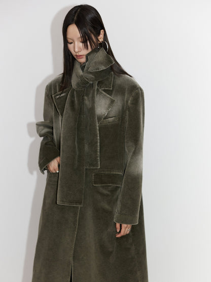 Corduroy Plain Retro Faded Long-Coat＆Muffler