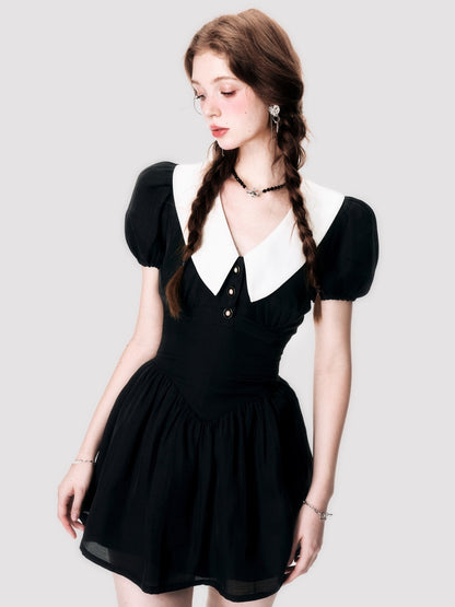 White-Collar Puff-Sleeve Flare Retro One-Piece