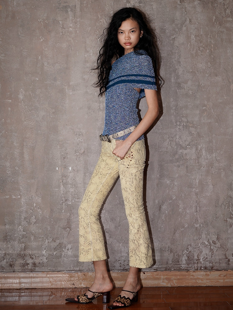 Corduroy Cropped Western Flare Studs Embroidery Pants