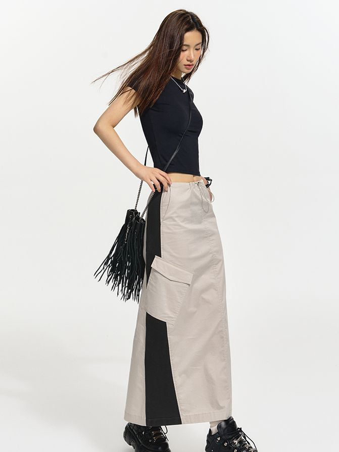 Bi-color Long Casual Flare Skirt