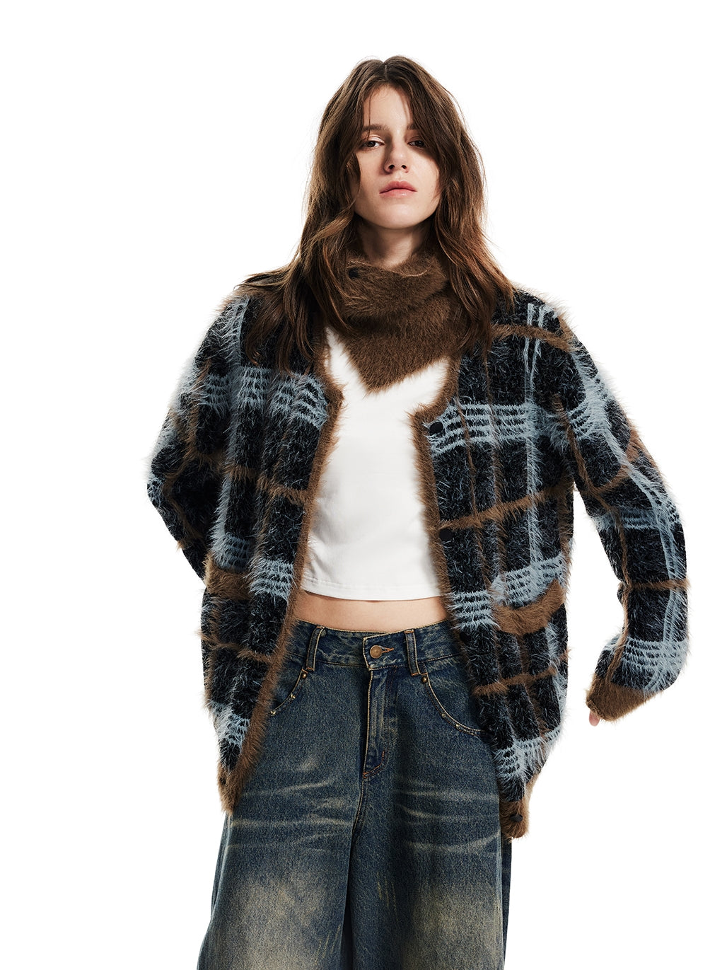 Checked Fluffily Knit Retro Round-Neck Casual Loose Cardigan