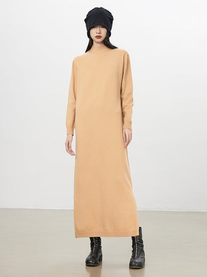 Simple High-Neck Plain Long Knit-One-Piece