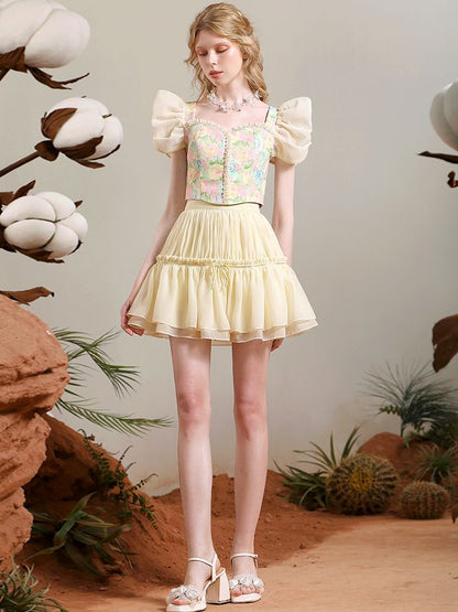 Blouse＆Mini-Skirt Flower Frill Tiered Retro Set-up