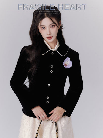 Velvet Formal Classy Flower-Broach Curve Jacket