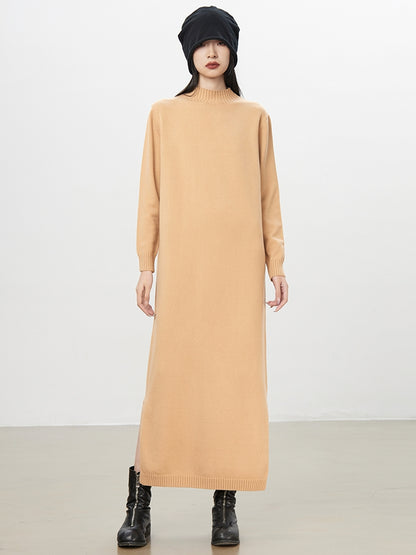 Simple High-Neck Plain Long Knit-One-Piece