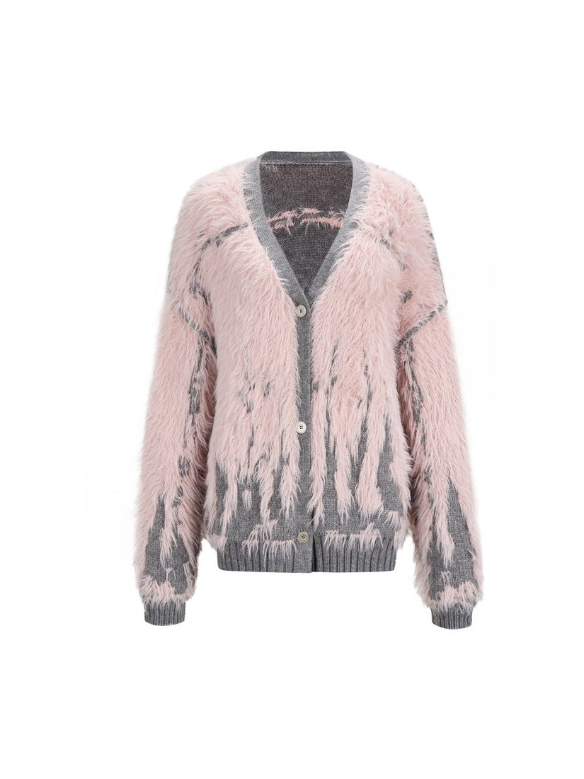 Mohair-Knit V-Neck Loose Fluffily Long Cardigan