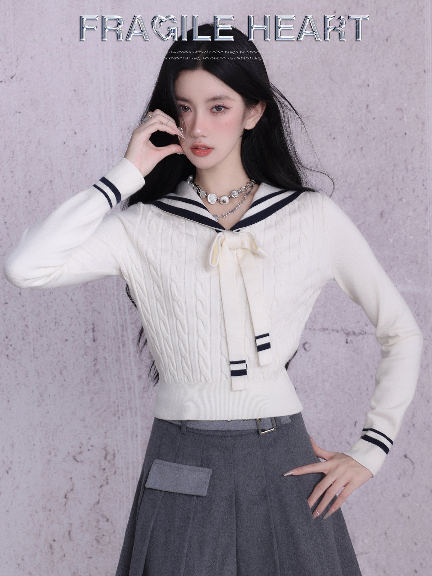 Marine Sailor Sweater Ribbon-Tie Knit