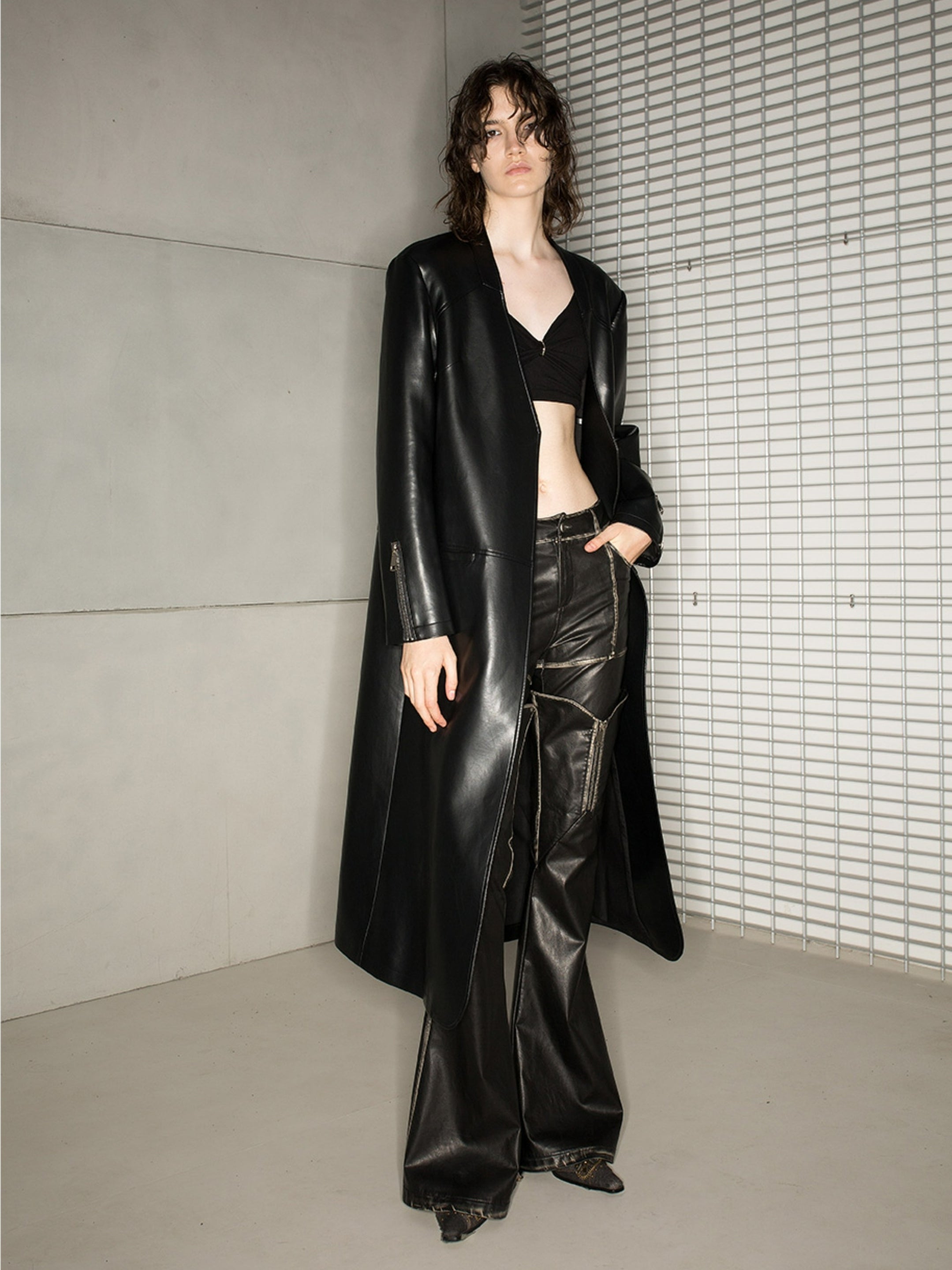 Leather Cool No-Collar Smooth Long-Coat