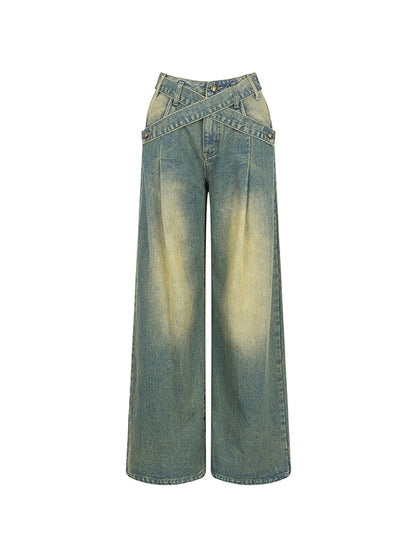 Verblasste Vintage Strait Lose Denim Wide-Hosen