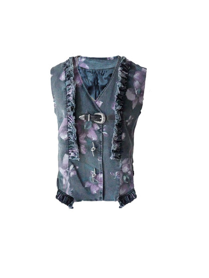 Asymmetry Frill Flower Retro Vest＆One-Piece