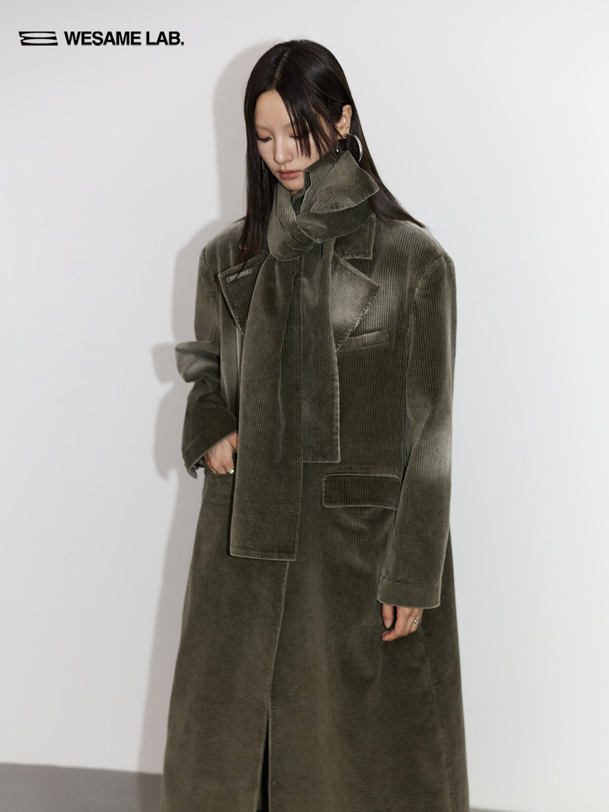 Corduroy Plain Retro Faded Long-Coat＆Muffler