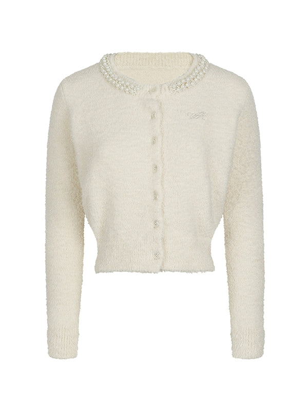 Peart Crew-Neck Short Feminine Fluffily Knit Cardigan