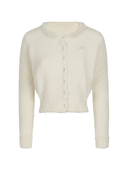 Peart Crew-Neck Short Feminine Fluffily Knit Cardigan