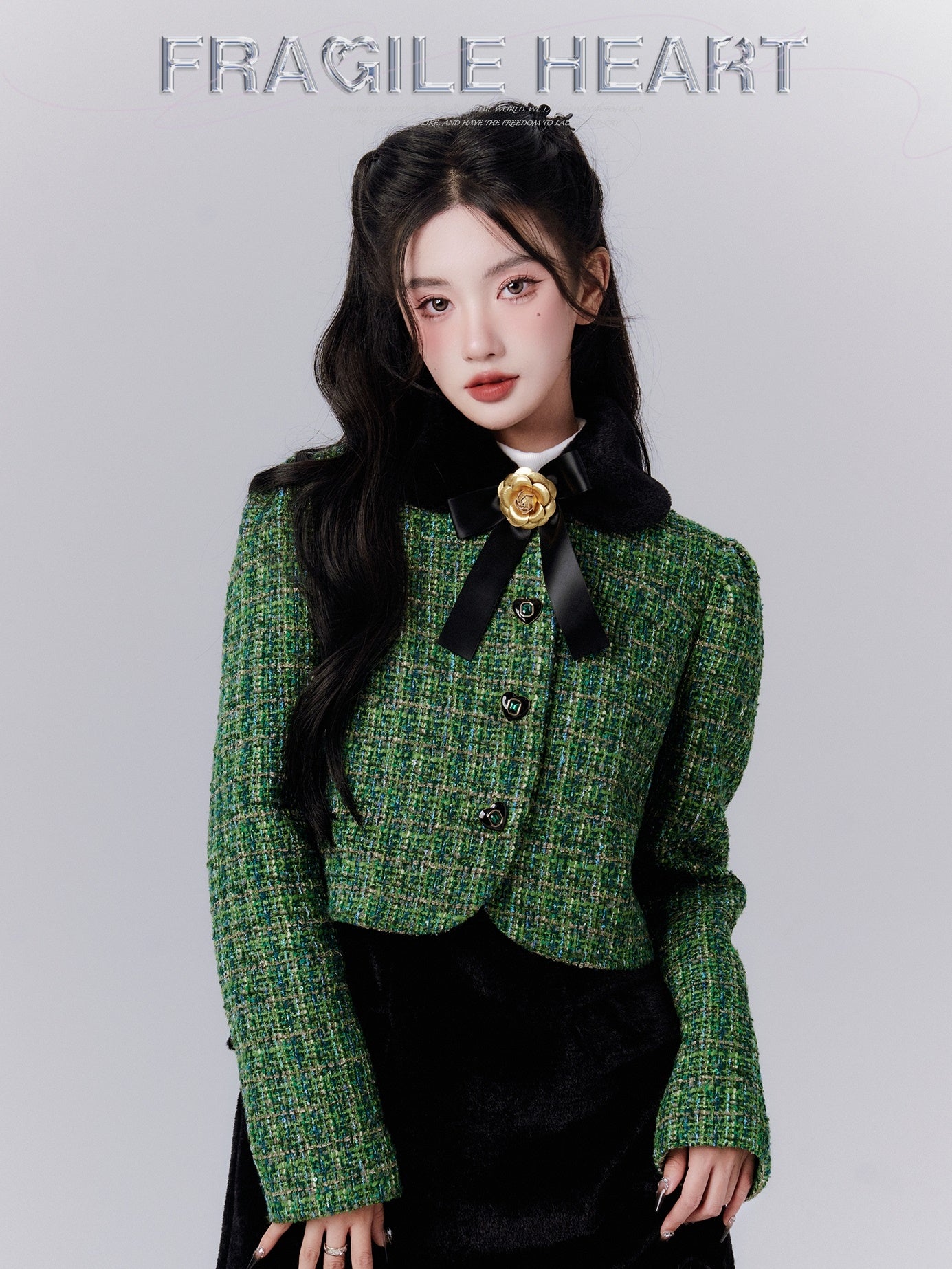 Tweed Ribbon Flower Broach Tweed Classy Short-Jacket