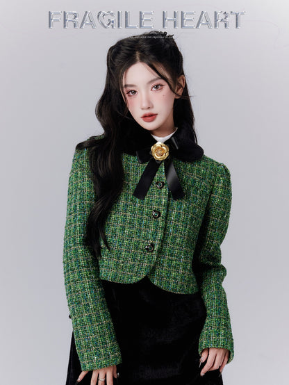 Tweed Ribbon Flower Broach Tweed Classy Short-Jacket