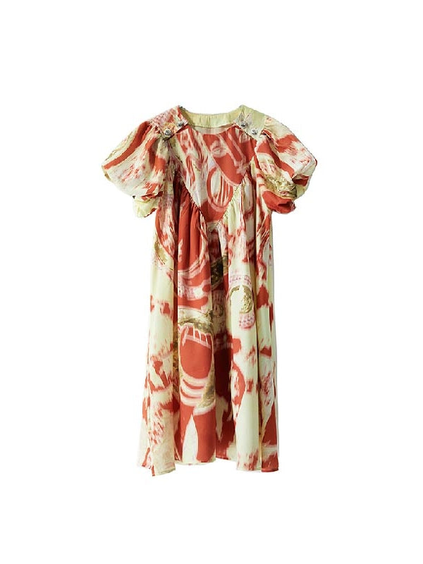 Colorful Balloon-Sleeve Floral One-Piece