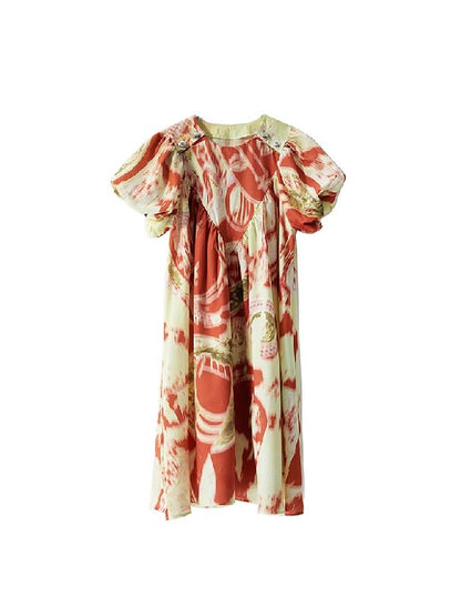 Colorful Balloon-Sleeve Floral One-Piece