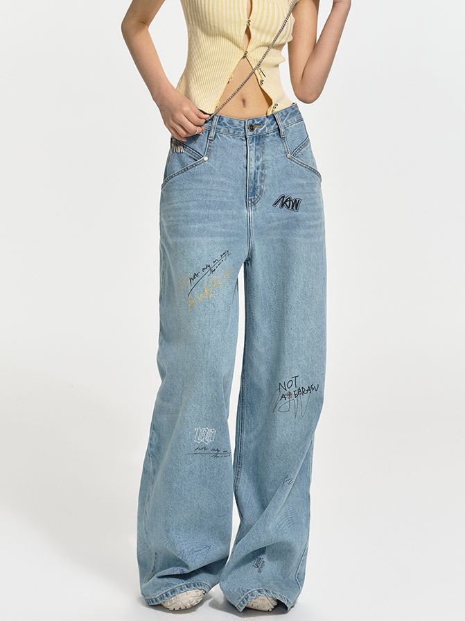 Logo Wide-leg Denim Casual Loose Pants