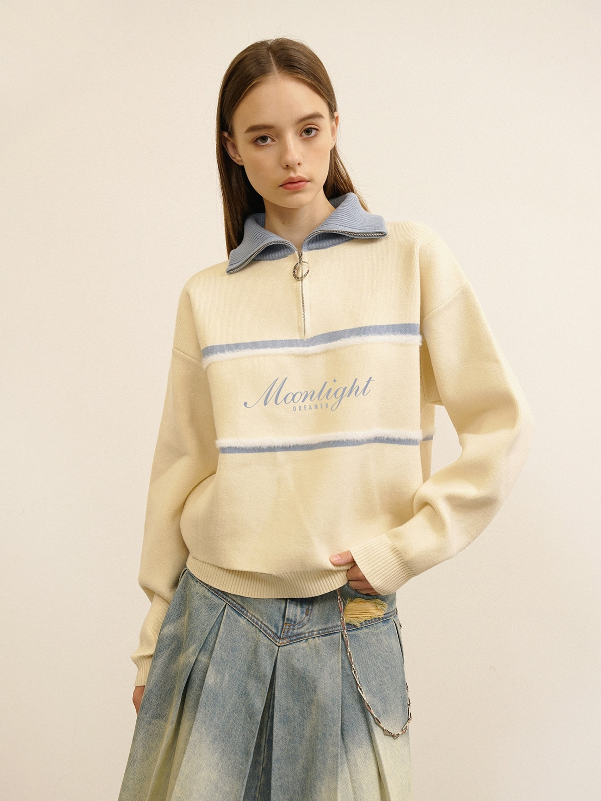 Embroidery Polo-Neck Retro Half-Zip Border-Line Knit