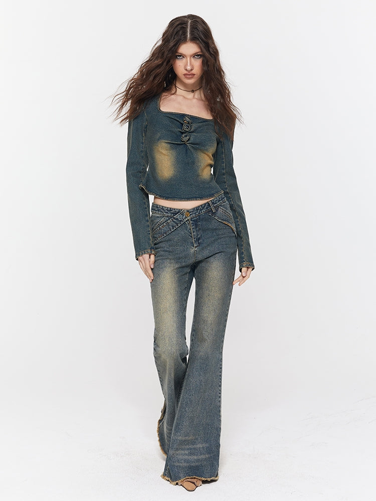 Denim Faded Rose Gather Casual Tops＆Pants