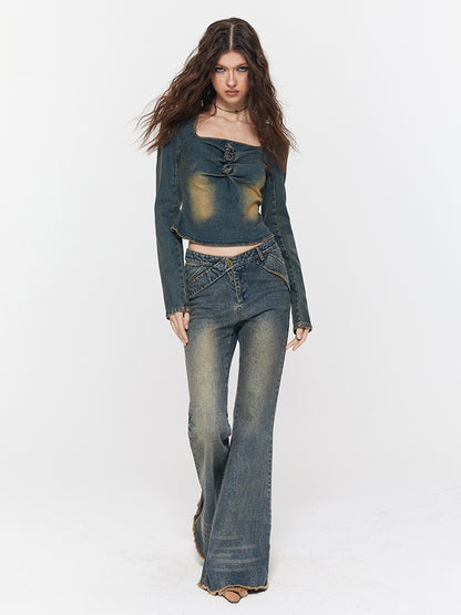 Denim Faded Rose Gather Casual Tops＆Pants