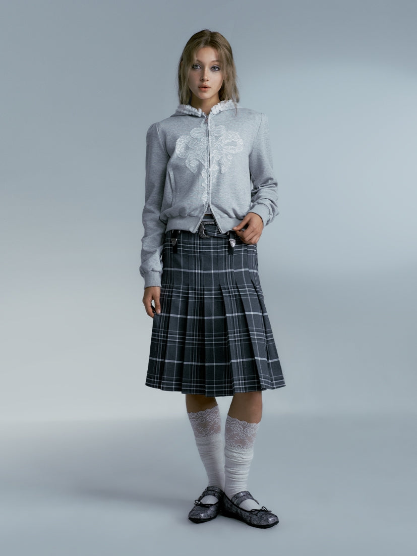 Checked Box-Pleats Girly Middle Skirt