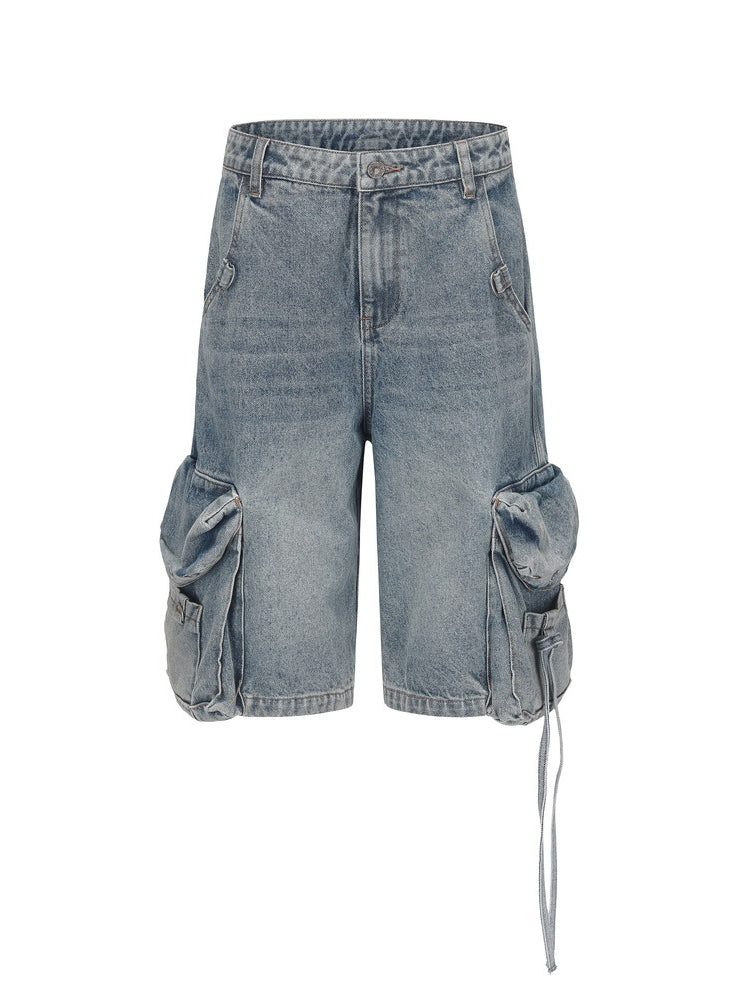 Denim Drawstring Loose Big-Pocket Half-Pants