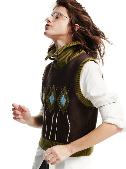 Knit Embroidery Retro Rhombus High-Neck-Vest＆Long-Skirt