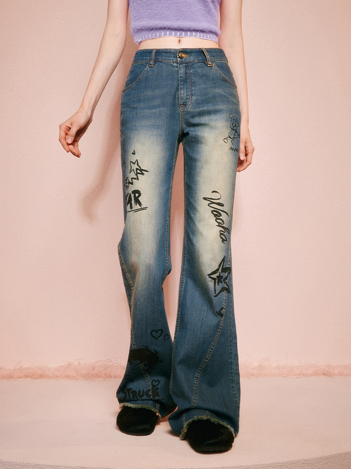 Betty Denim Casual Faded Strait Flare-Pants