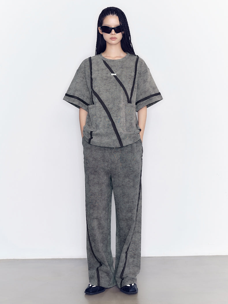 세련된 스티치 레트로 TT-Shirt &amp; Long Skirt &amp; Pants