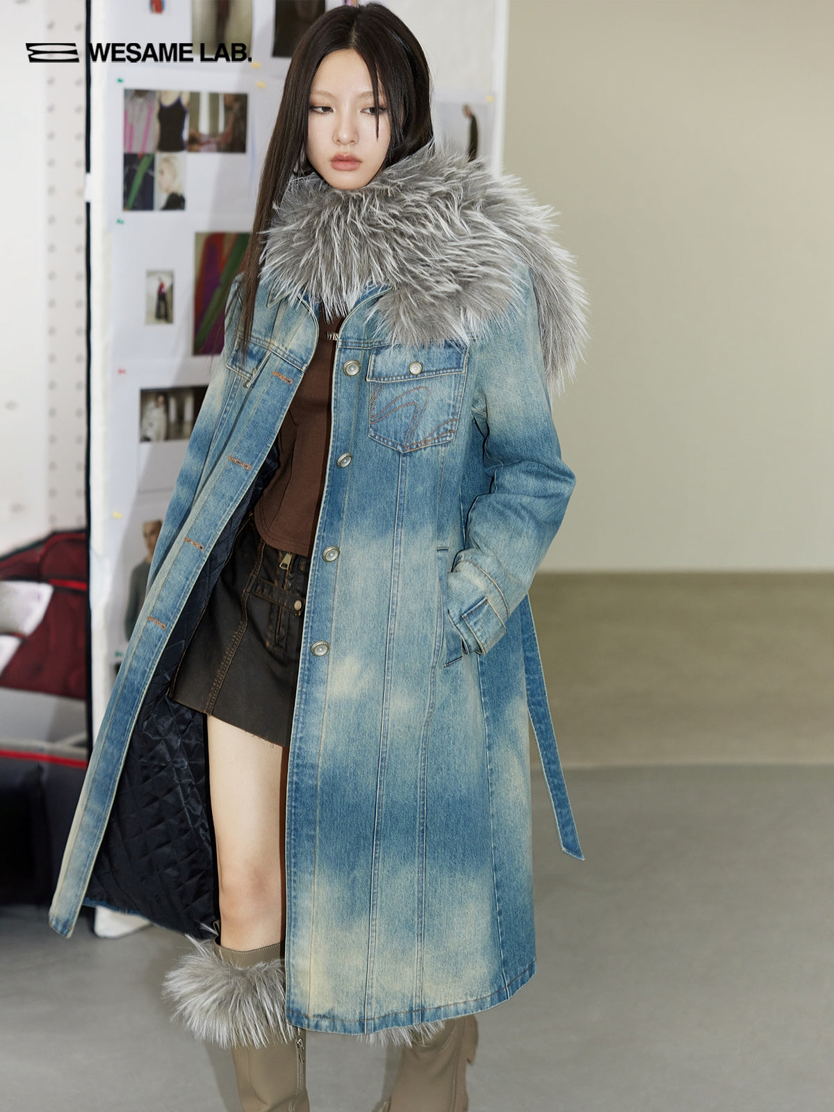 Nichi Fur-Collar Long Faded Casual Denim-Coat