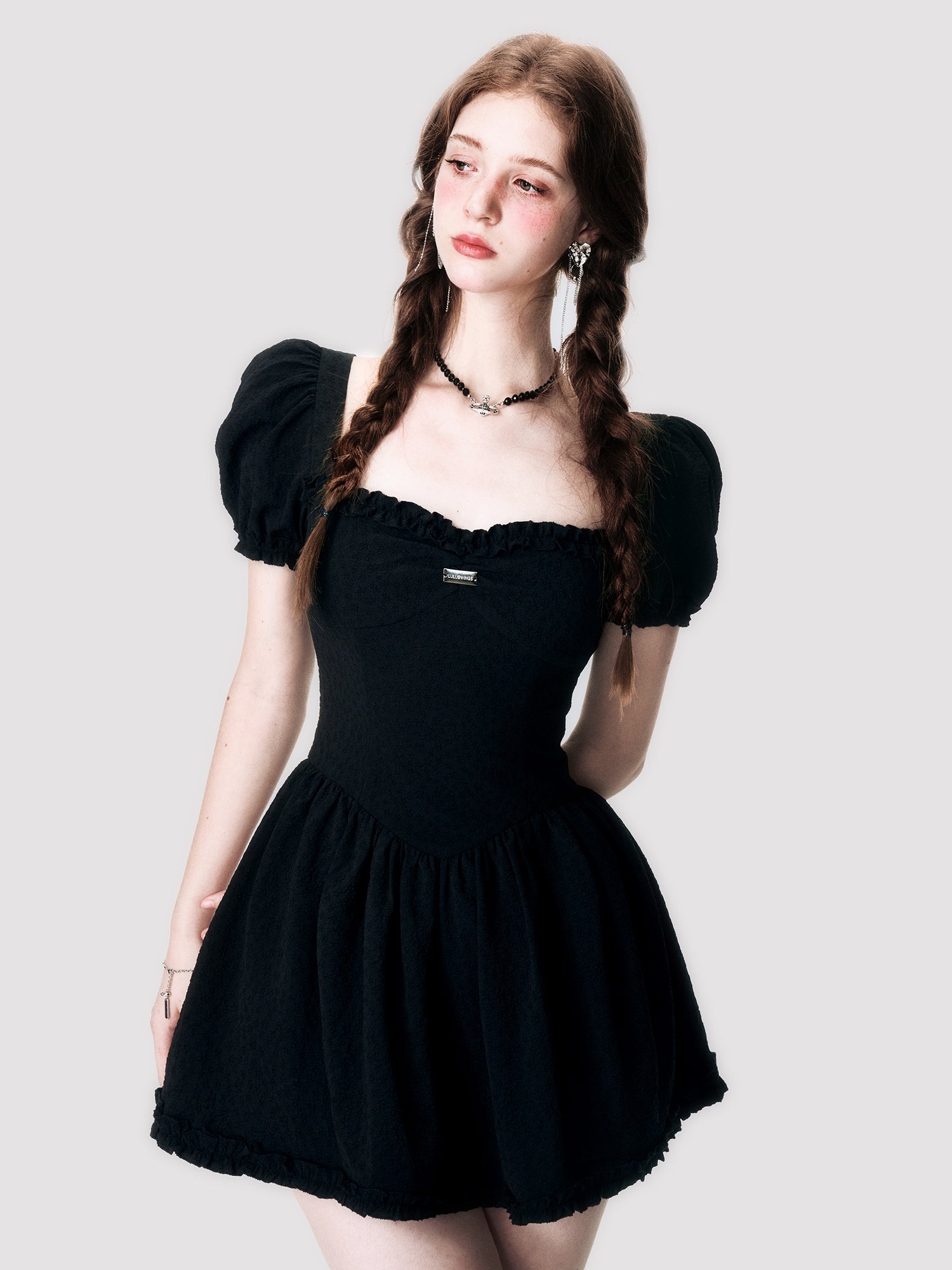 Puff-Sleeve Embroidery Balloon One-Piece