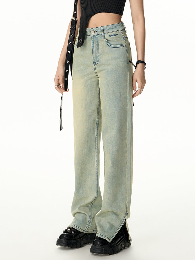 Denim Straight Side-Slit Casual Straight Pants