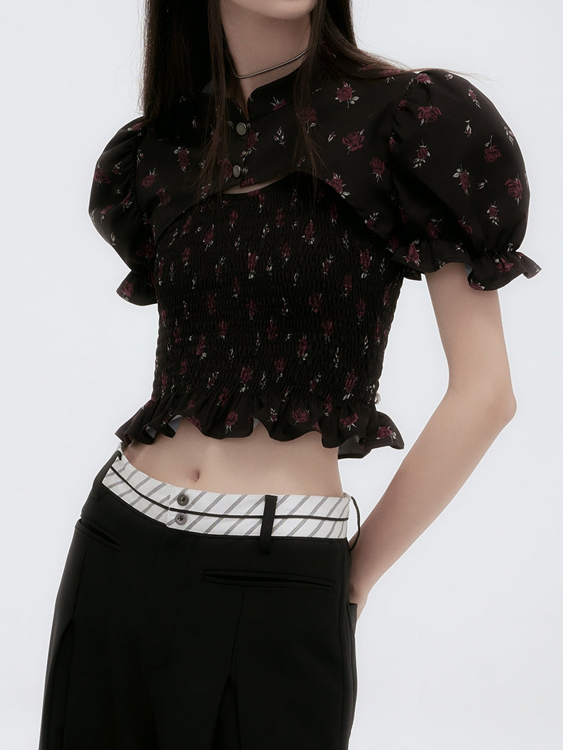 Blume Puff-Ärmeln China Frill Cropped Bluse