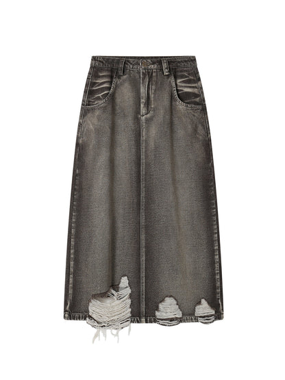 Damage Vintage Crush Long Flare Denim-Skirt