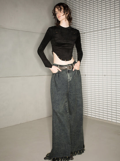 Denim Cut-Off Tassel Casual Wide-Pants