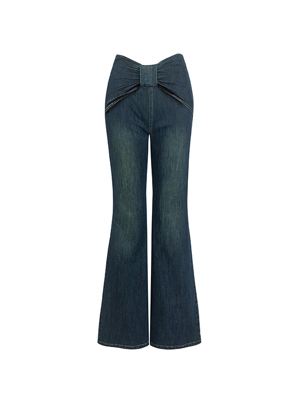 Denim Slim Ribbon Gather Casual Flare-Pants