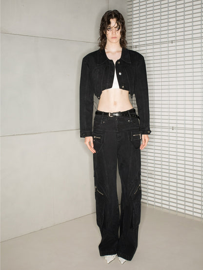 캐주얼 한 느슨한 Zip-Pocket Wide-Pants Denim-Pants